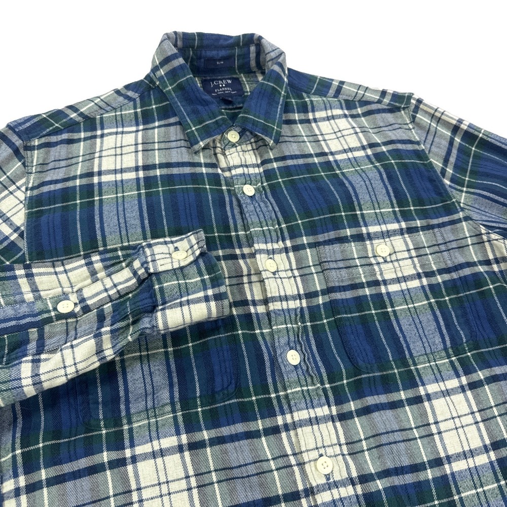 J. Crew Shirt Men's M Slim Flannel Blue Green Plaid Long Sleeve  Outdoor Preppy